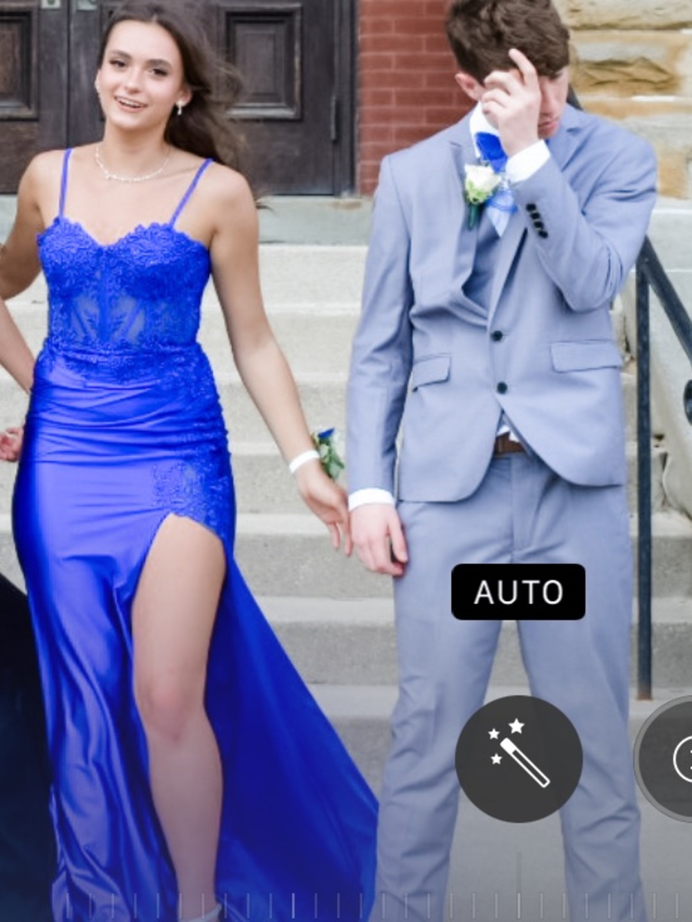 Elegant Royal Blue Lace Appliqué Prom Dress with Thigh Slit